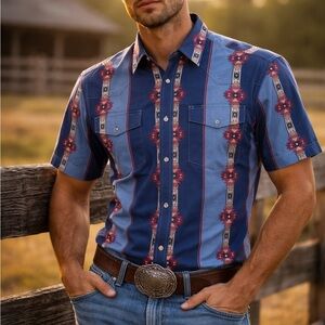 Vintage Wrangler Brushpopper Shirt Mens M Pearl Snap Aztec Southwestern Cowboy